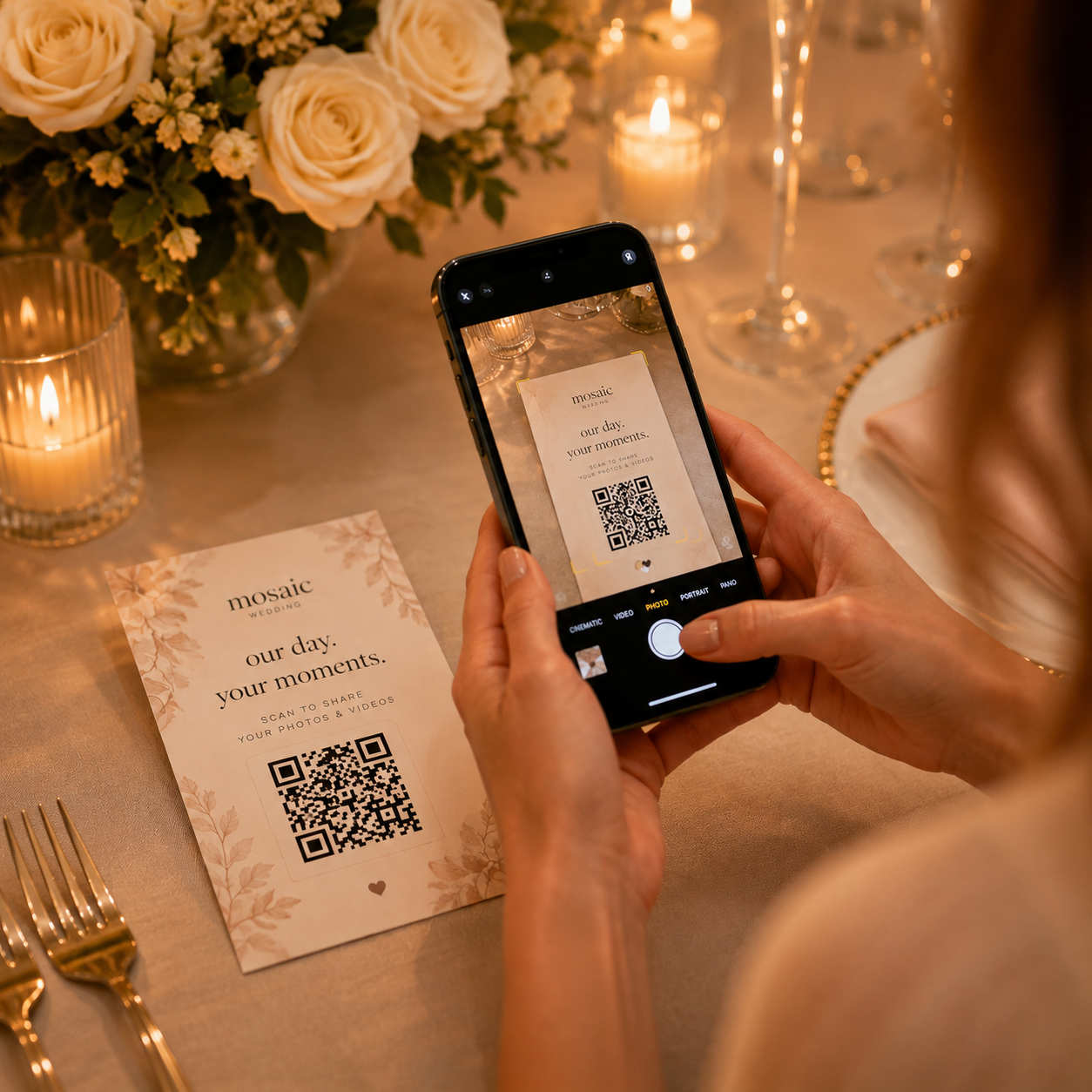 A guest scanning the wedding QR code from the table