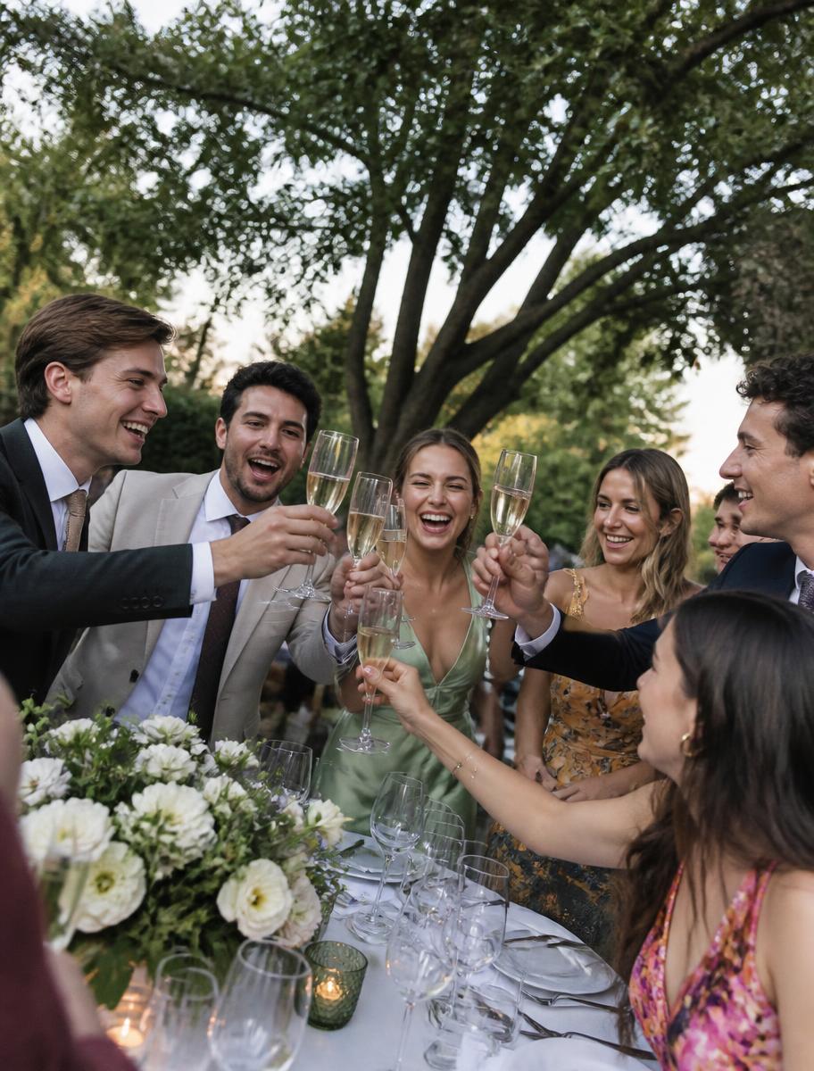 Friends toasting at the reception table