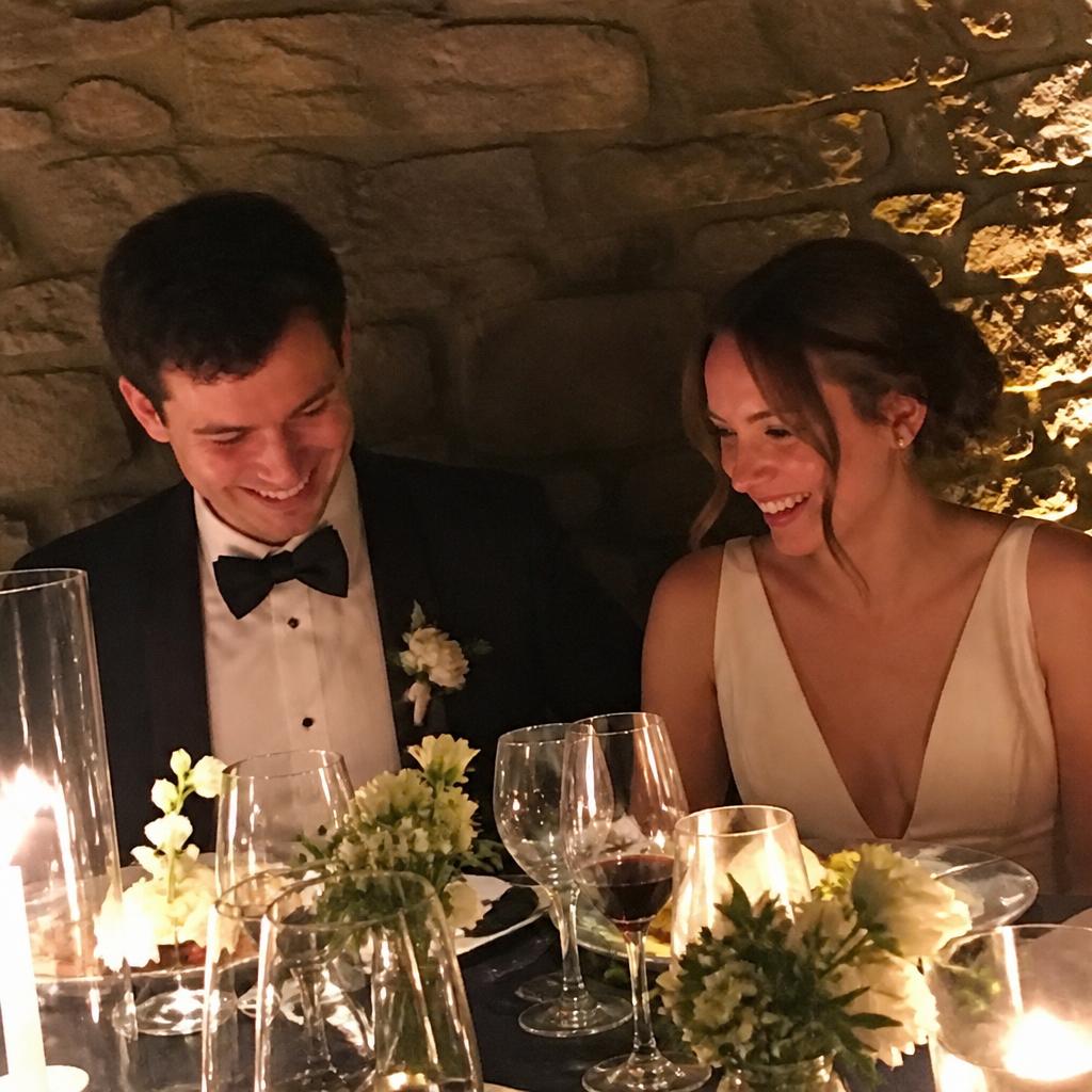 The couple sharing a laugh at dinner