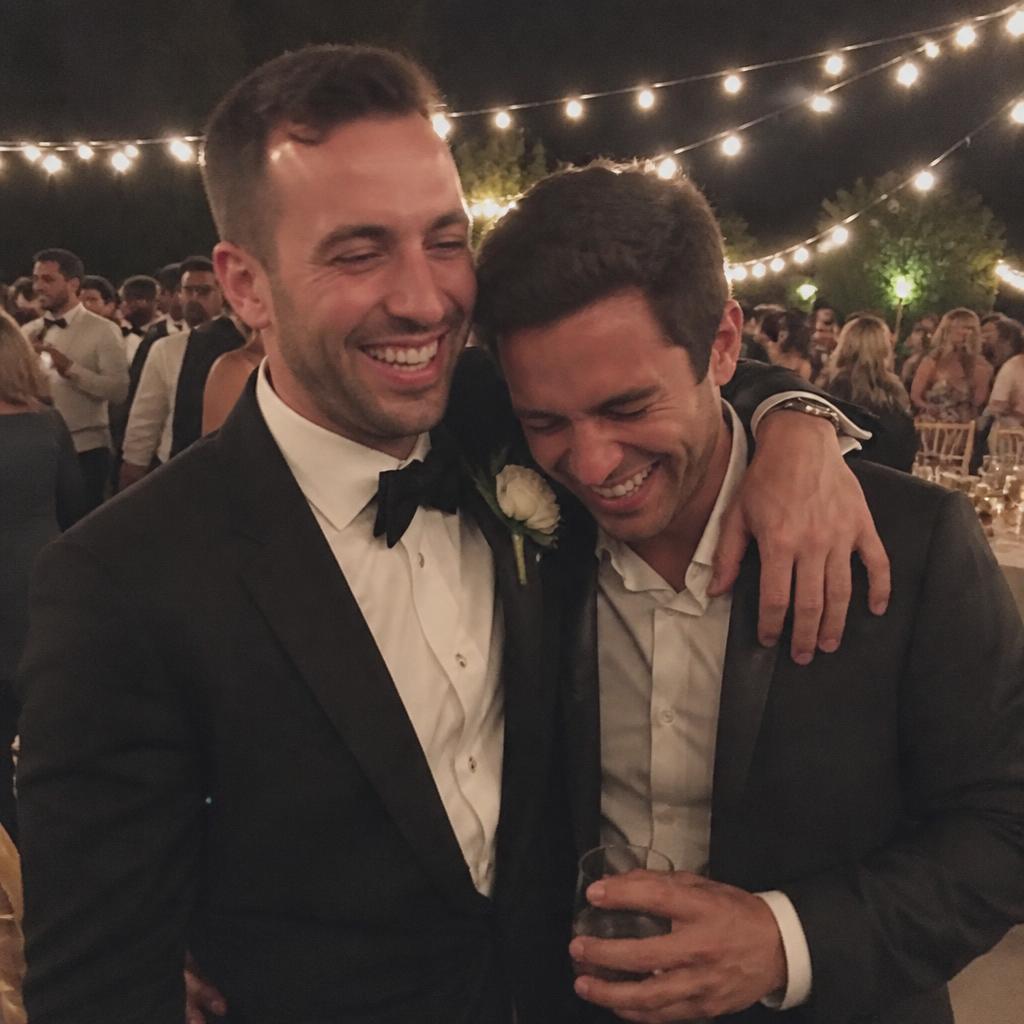 The groom hugging a friend